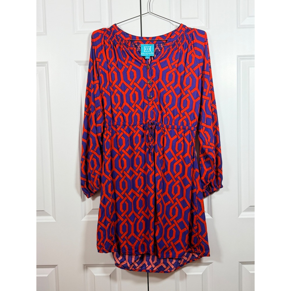 Escapada Geometric Print Mini Dress red & Purple Drawstring Waist Rayon Medium